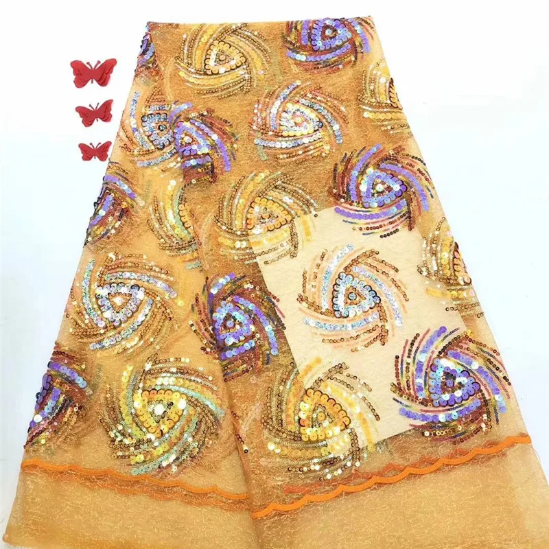 2020 новейшее французское кружево с блестками оранжевая ткань высокого качества