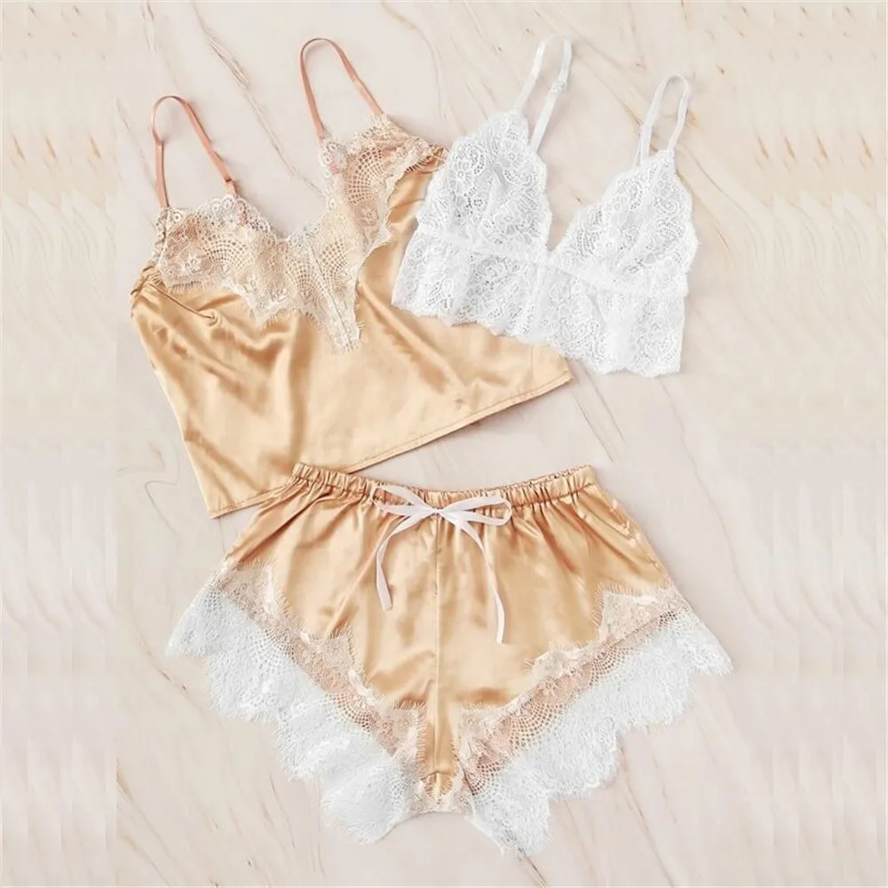 Новинка комплект кружевного атласного нижнего белья с цветочным рисунком 3 шт.