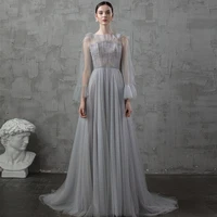 grey long sleeves evening dress tulle party dress with sweep train a line long robe de soiree elegant night dress