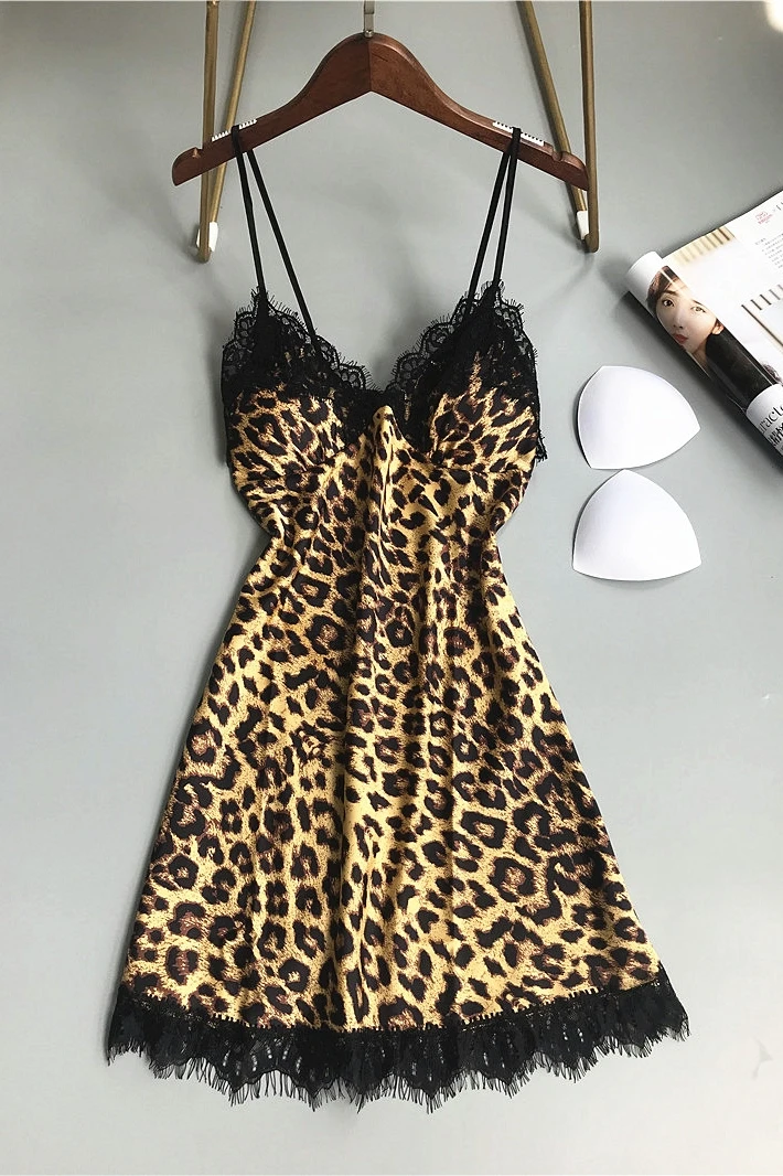 Женская сексуальная ночная рубашка с леопардовым принтом летняя Пижама Черная