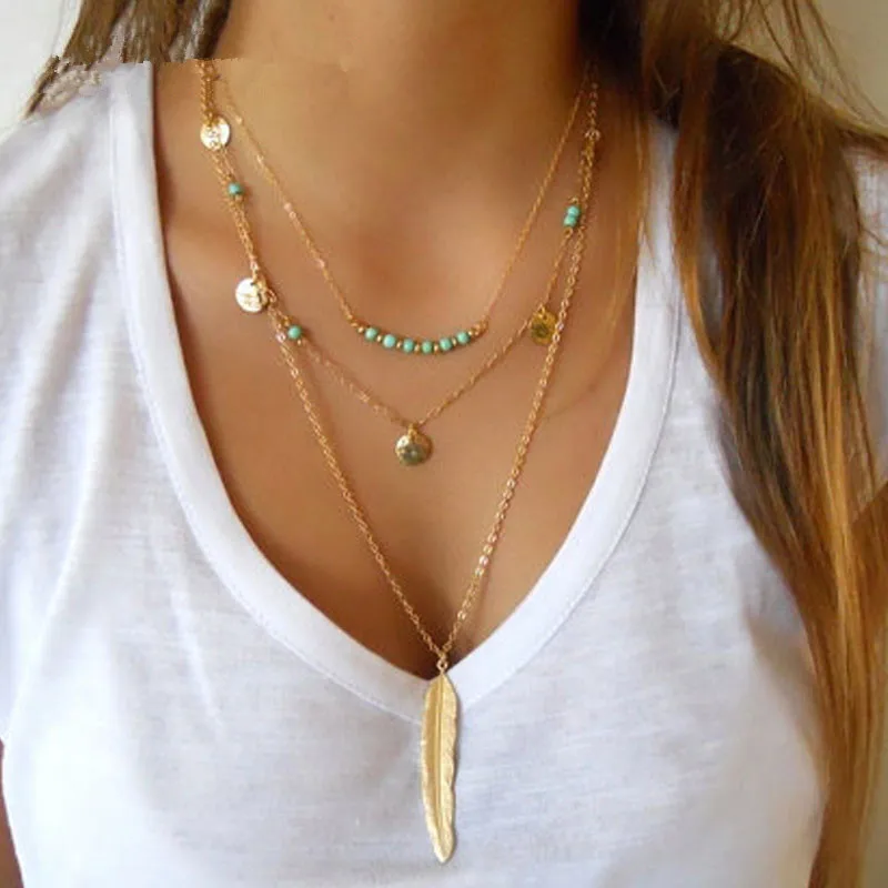 Женское многослойное ожерелье длинная цепочка на свитер с кисточкой и бусинами в