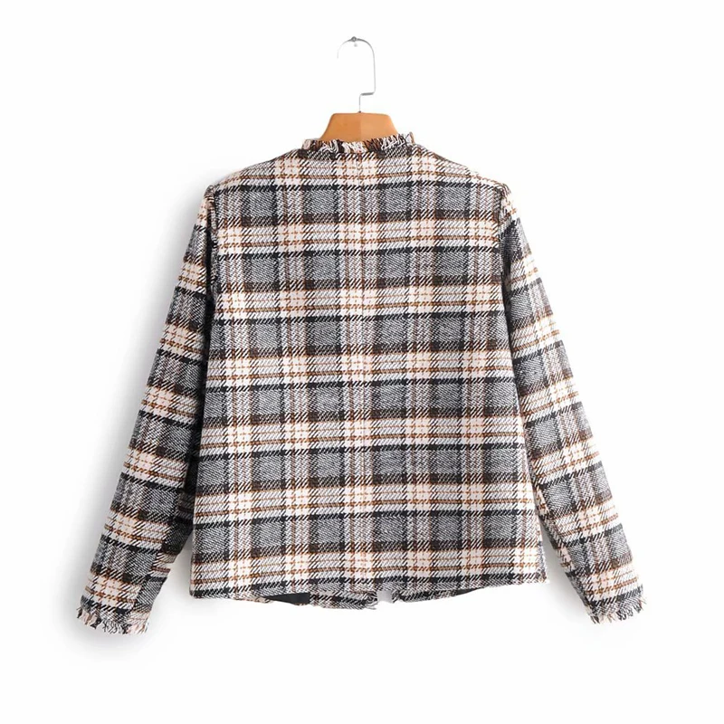 Куртка женская твидовая клетчатая короткая модный винтажный кардиган в клетку с