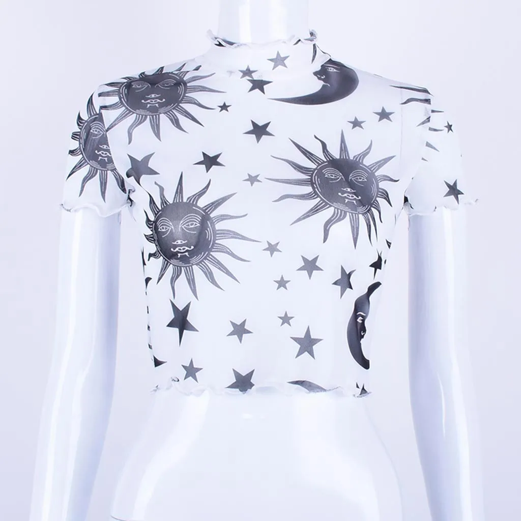 Женский прозрачный сетчатый топ укороченный с коротким рукавом и высоким