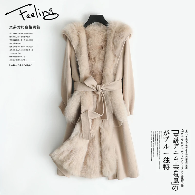 

Real Female Natural Fox Fur Liner Wool Coat 2020 Winter Jacket Women Woolen Coats Korean Long Jackets MY3913