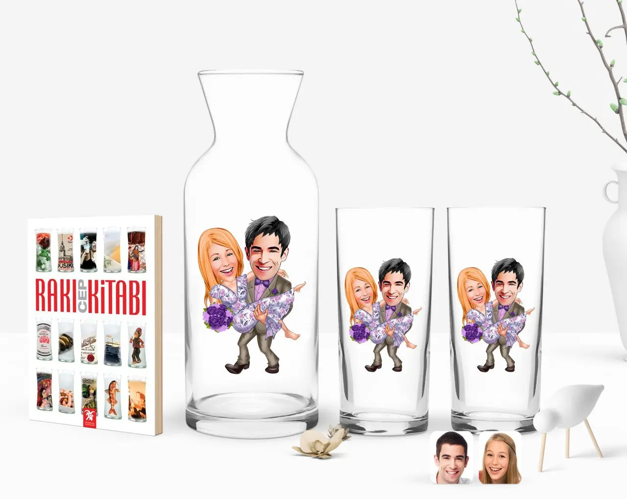 

Персонализированные Цветные принты на День святого Валентина карикатура двойной Arrack чашки графин и карманная книжка подарок Seti-56