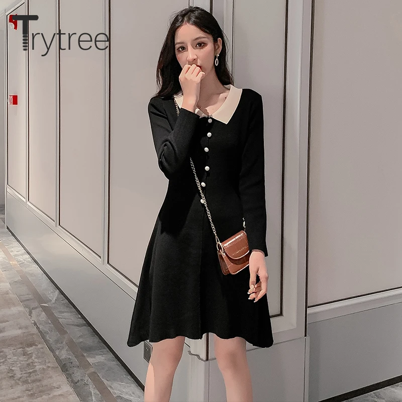 Ttytree осеннее зимнее женское Повседневное платье с отложным воротником