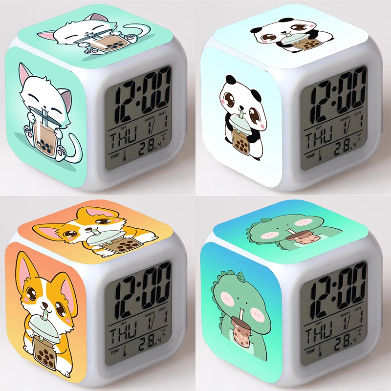 

Corgi Panda Cat Alarm Clock Cute Action Figures Boba Drinks Milk Tea LED Digital Reloj Despertador Night Glowing Toys