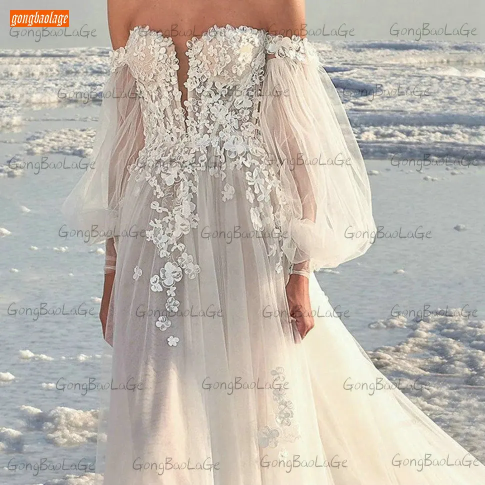 Sexy BOHO Beach Wedding Dresses White Long Puff Sleeves Vestido De Noiva 2021 Bohemian Bridal Gowns Off Shoulder Suknia Slubna images - 6