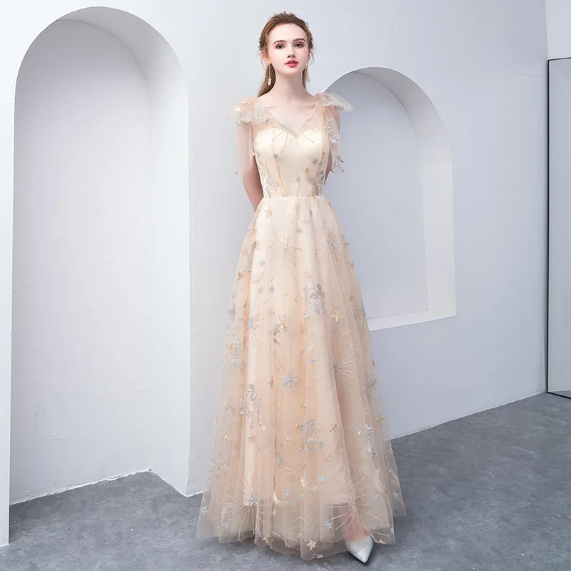 

Special Occasion Dresses V-Neck Elegant Appliques A-Line Empire Short Sleeves Tulle Floor-Length Lady Formal Party Gown E1082