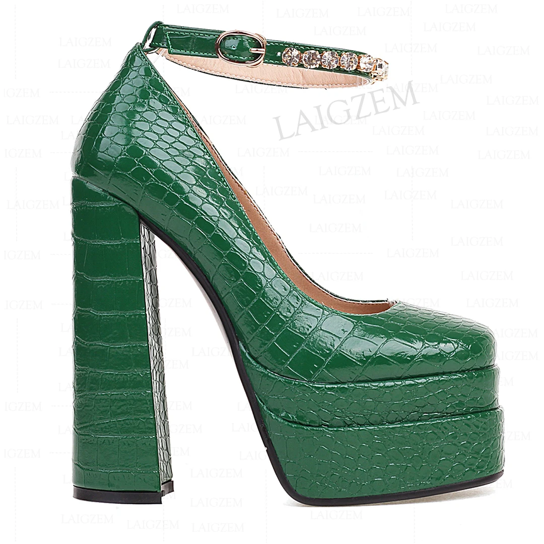 

LAIGZEM SUPER Women Pumps Ankle Strap Crystal 14.5CM Chunky Heels Sandals Wedding Prom Ladies Shoes Woman Plus Size 33 39 41 43