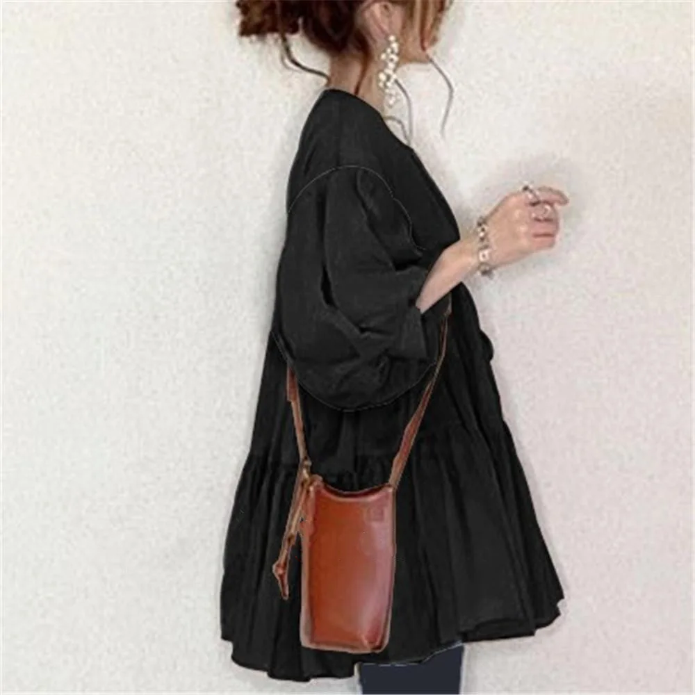 

Casual Loose Green Blouse Tops Summer Lantern Sleeve High Waist Pleated Shirts Female Korean Japan 2021 New Chic Black Blousa