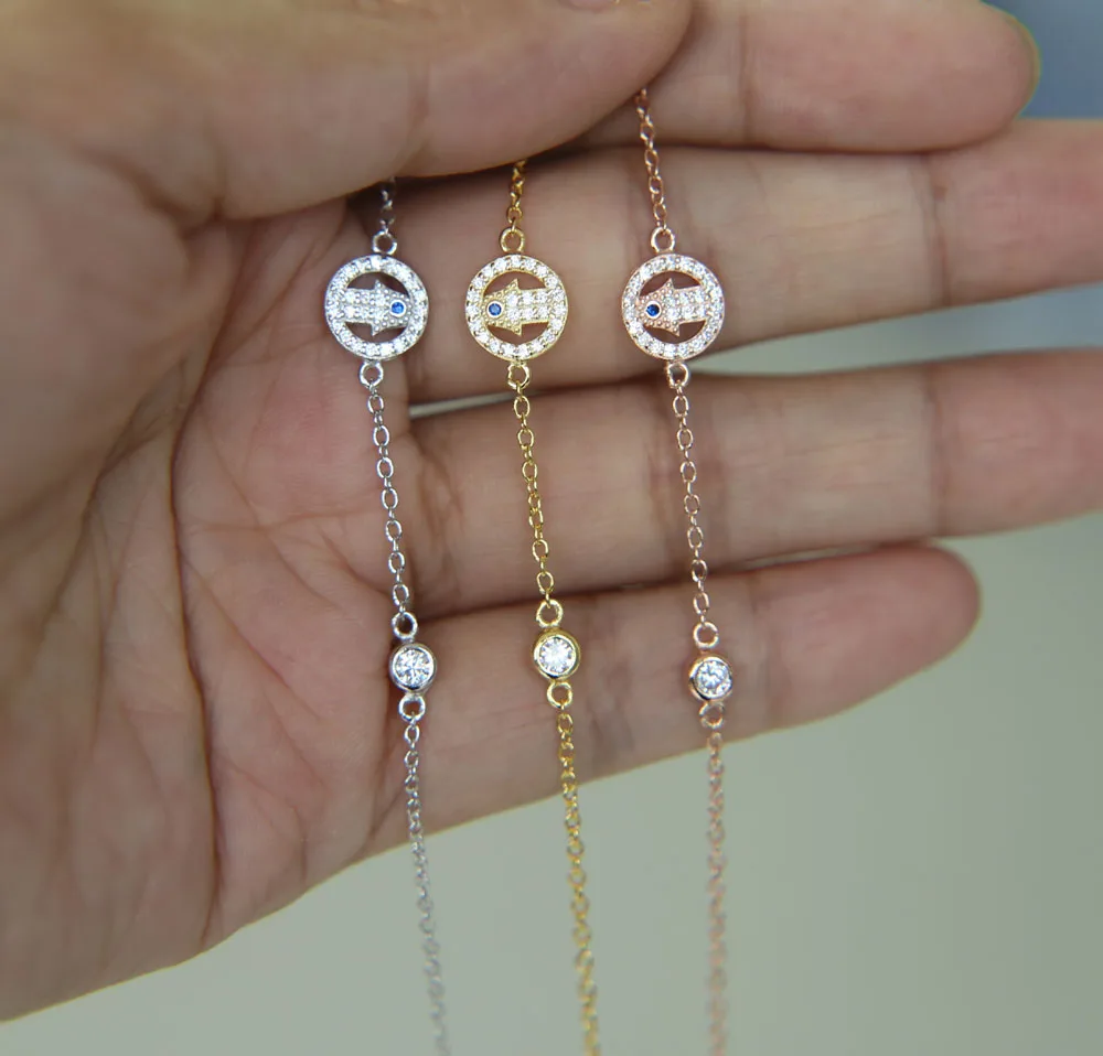 100% 925 sterling silver simple girl women cute jewelry bezel cz hamsa hand connector delicate fine chain bracelets | Украшения и