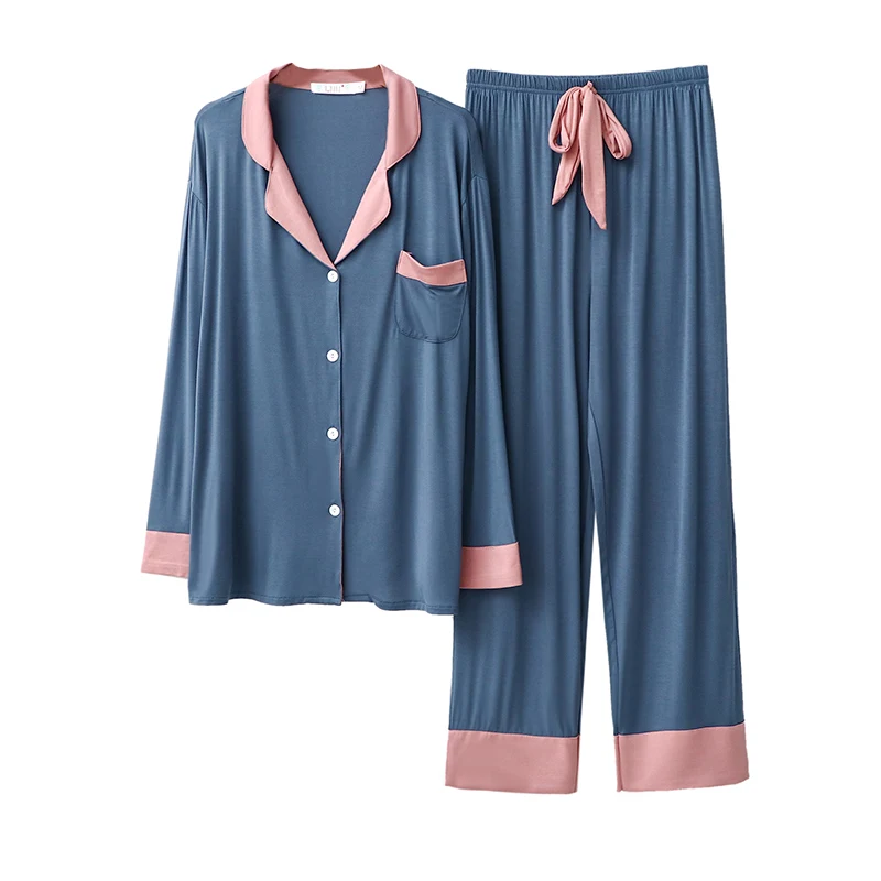 

2PCS Lapel Pajamas Set Women Casual Modal Elasticity Long Sleeve Long Pants Sleepwear Loose Women Oversize Pyjamas Soft Homewear