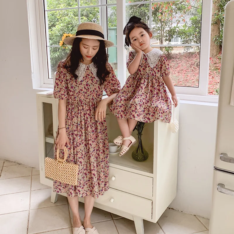 

2021 new girls short-sleeved Parent-child wear mother and daughter floral dress skirt chiffon children princess dress summer