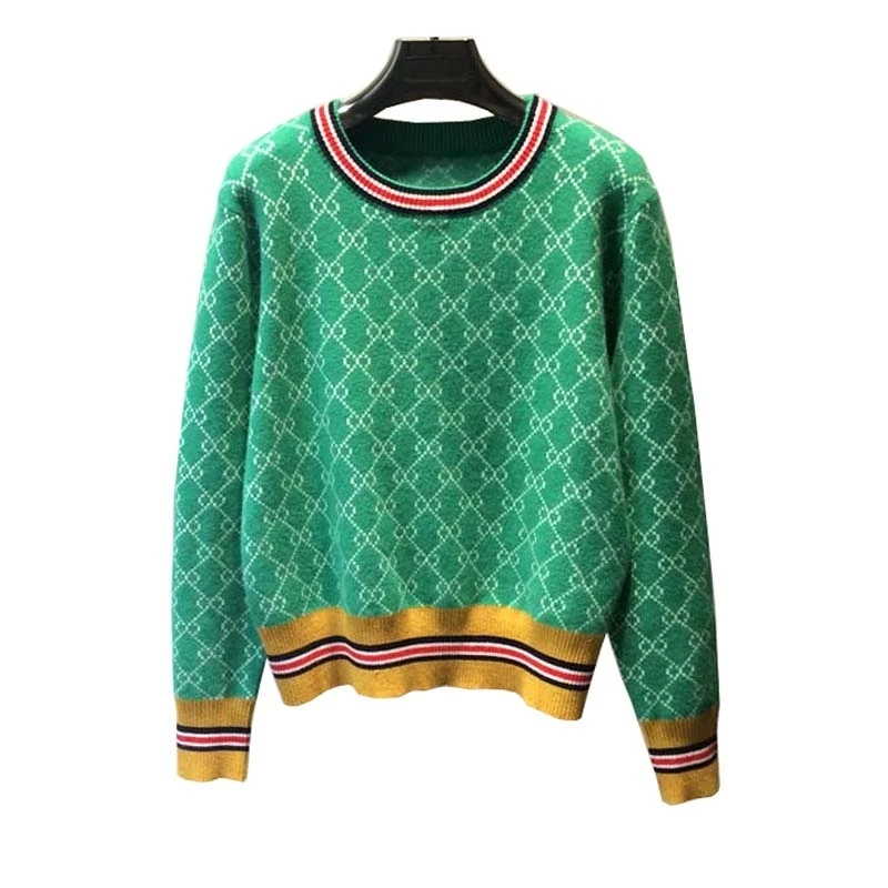 

Autumn and winter new loose Korean Pullover round neck geometric contrast jacquard short knitted sweater women's fashion