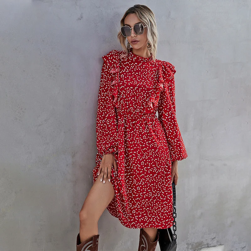 

Fashion New Ruffles Heart Dot Print Dress Women Elegant Full Sleeve High Waist Ladies 2021 Spring Autumn Long Dress Red