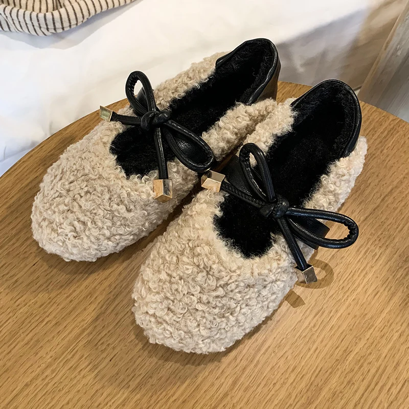 Туфли женские зимние с мехом балетки плоская подошва круглый носок мягкая обувь