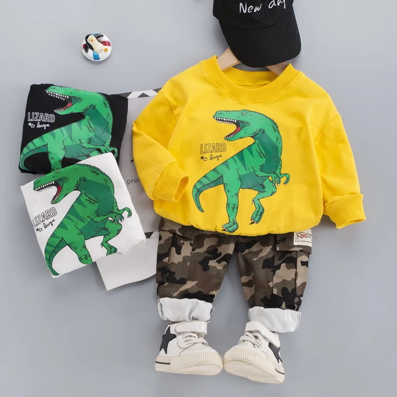 Одежда для маленьких мальчиков и девочек топ с рисунком динозавра + камуфляжные