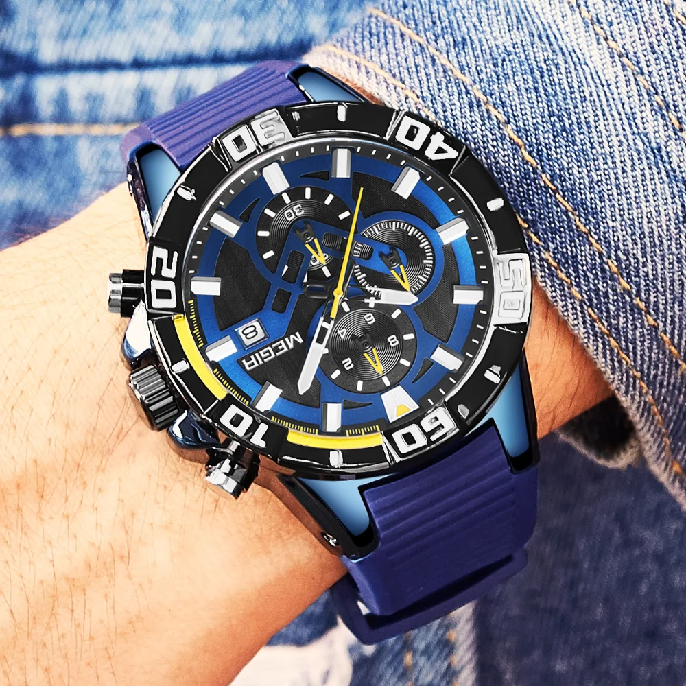 Часы MEGIR Мужские кварцевые с хронографом спортивные брендовые роскошные в стиле