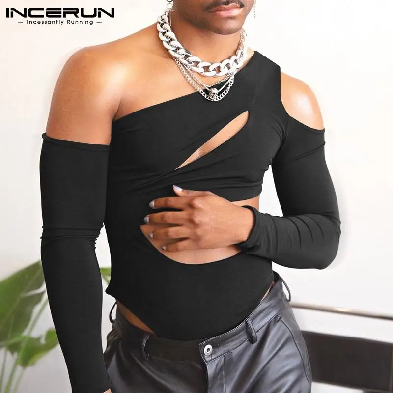 Men Bodysuits Long Sleeve Hollow Out Off Shoulder Underwear Irregular Bodysuit 2022 Solid Color Sexy Men Rompers INCERUN S-5XL