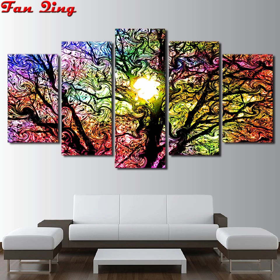 

5 pieces of colorful sun tree diamond painting abstract art full rhinestone cross stitch mosaic diamond embroidery home decor