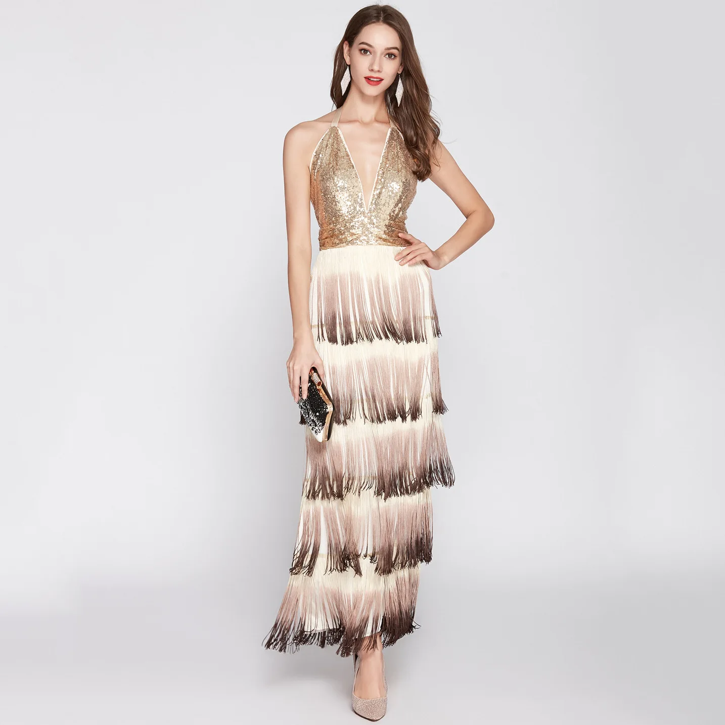 

Tromlfz 2021 New Good Quality Sexy Deep V Neck Backless Gown Gradient Tassel Sequined Evening Dresses Lady Fashion Prom Robe