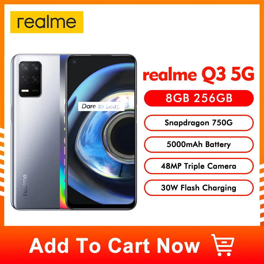 

Realme Q3 5G Cellphones 6.5" FHD+ 120HZ Snapdragon 750G Octa Core 48MP 5000mAh 30W Fast Charger Android 11 Smartphones 128GB ROM