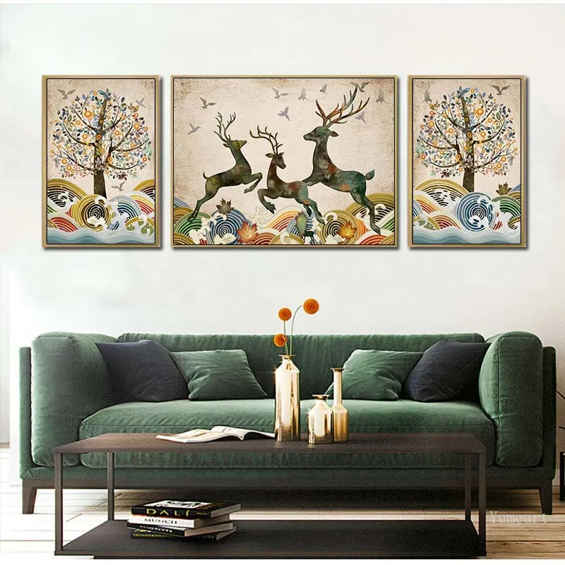 

Геометрический мультяшный олень, животные, цветок, дерево и птицы, абстрактный олень, Настенная Художественная печать, Картина на холсте, Постер для декора детской комнаты