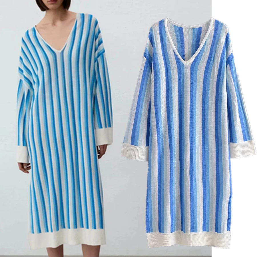 

Jenny&Dave Long Dress Women Indie Folk Vintage Striped Holiday Party Dress Women England Fashion Knitted Oversize LooseVestidos