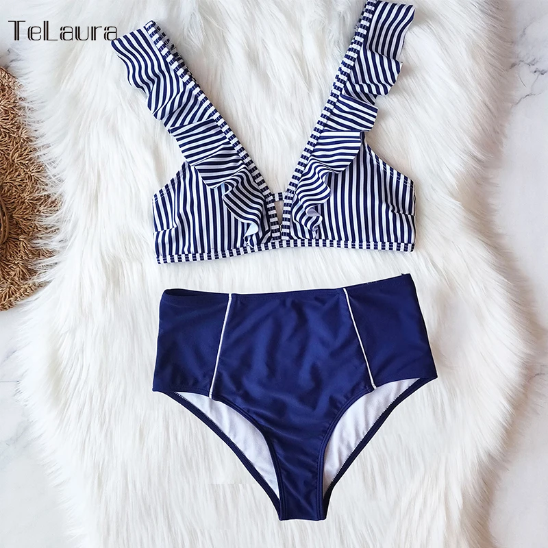 Женский купальник бикини с высокой талией и пуш апом летняя пляжная одежда