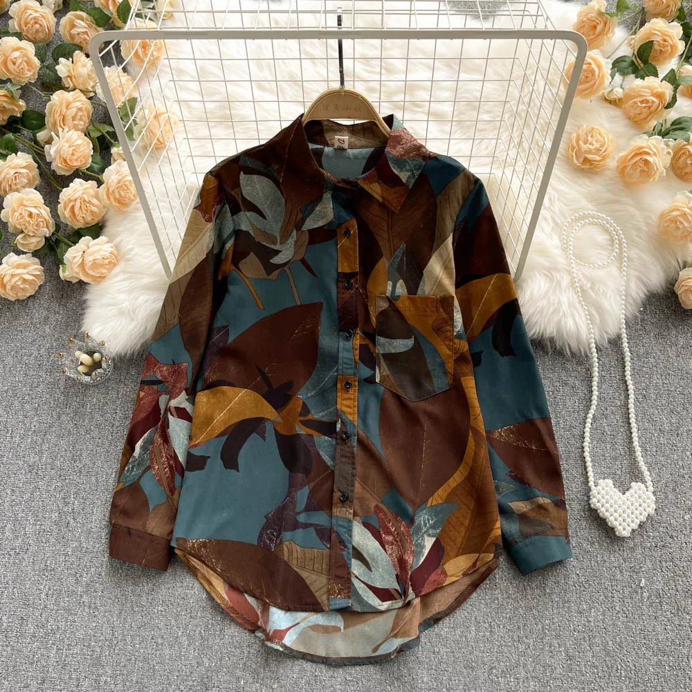 

C626 Women's New Fashion Autumn Retro Loose Casual Printed Shirt Polo Collar Long Sleeve Tops Mujer Blouse Clothes