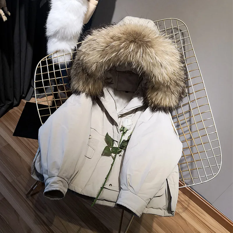 

Женская куртка на утином пуху, свободная короткая парка с меховым воротником, одежда в Корейском стиле, зима 2019