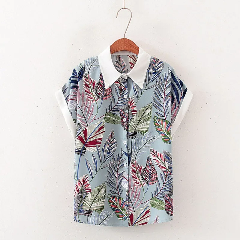 

Women Chiffon Blouses Summer Short Sleeve Printed Women Blouse Tops Casual Turn-down Collar Fashion Blouse New i