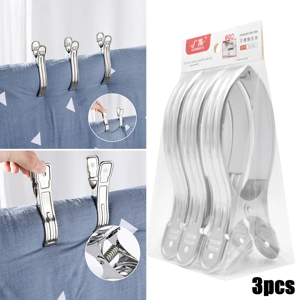

3pcs Clothespin Stainless Steel Strong Clothes Clothespins Quilt Clothes Clips Large Windproof 100% Brand New And High Quality