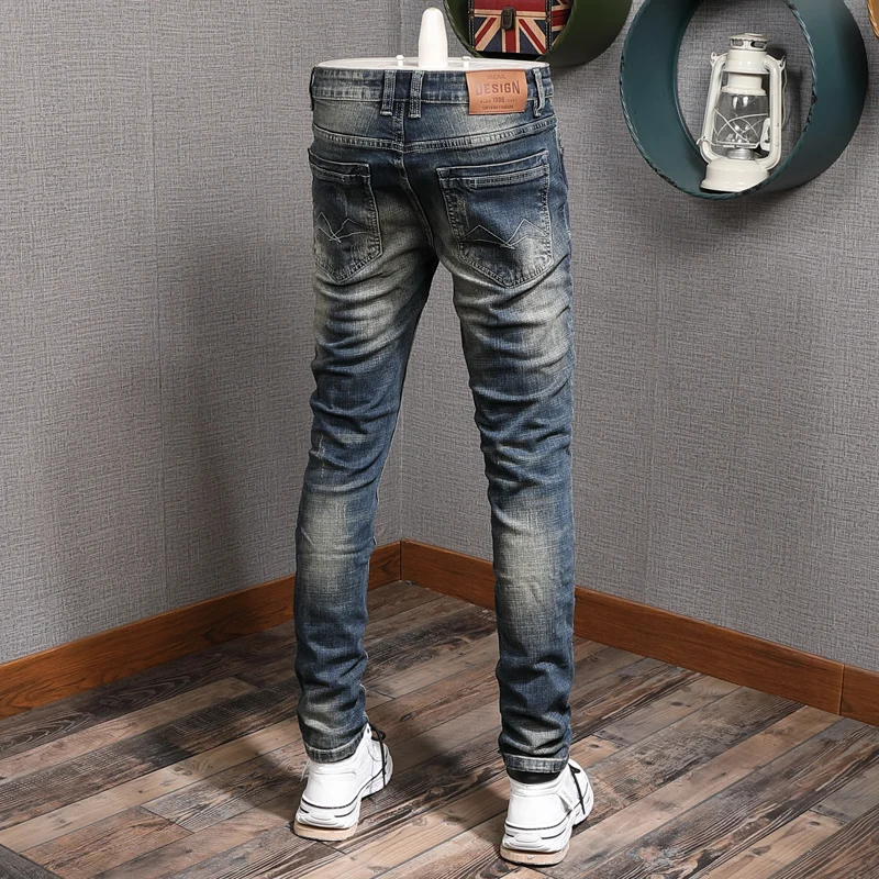 Classic Vintage Distressed Ripped Jeans Men Cotton Slim Fit Retro Blue Denim Pants