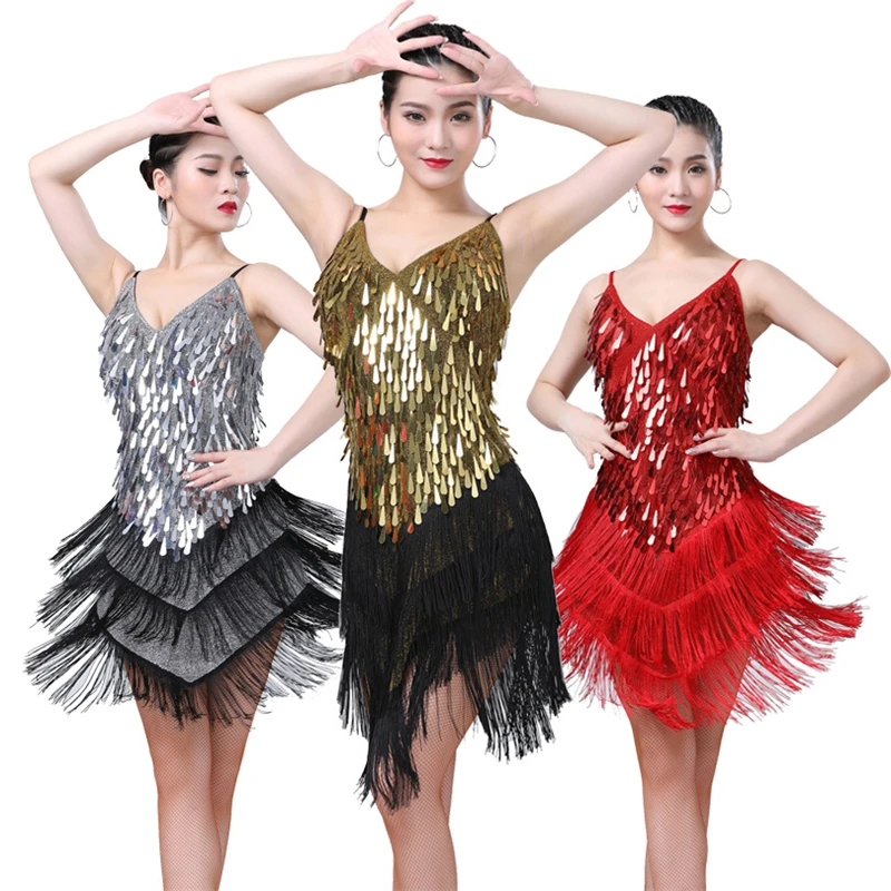 

Latin Dance Costumes for Women Tassel Suspender Skirt Sequins Stage Performance V Neck Dress Sexy Lady Professional Dance Outfit