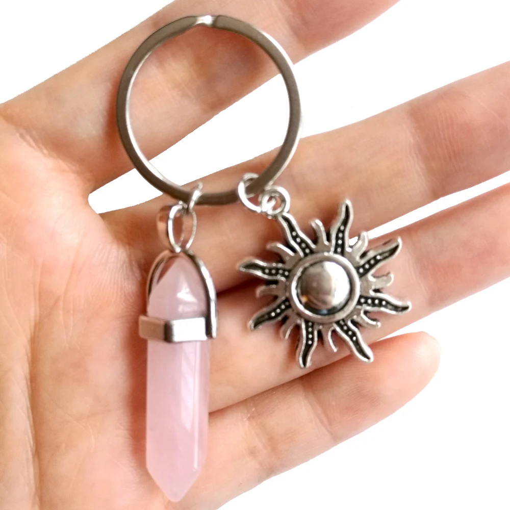 

Natural Stone Hexagonal Column Keychain For Women Pink Quartz Crystal Stone Key Chains With Sun Moon Charms Trinket Couple Gift