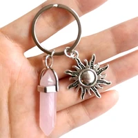 natural stone hexagonal column keychain for women pink quartz crystal stone key chains with sun moon charms trinket couple gift