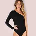 Комбинезон женский базовый на одно плечо с длинным рукавом, облегающий элегантный пикантный боди в рубчик, Модный облегающий Топ, боди женское, черный