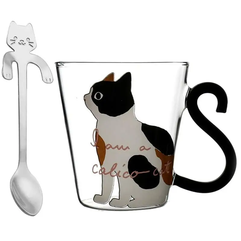 

Cute Cats Heat Resistant Coffee Mugs Drinking Insulation Glass Milk Tea Cup Creative Gift Drinkware Milk with Spoon
