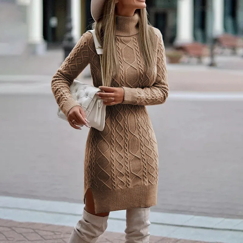 

Women Elegant Autumn Winter Knitted Sweater Dress Casual Ladies Solid Color Long Sleeve Turtleneck Split Bodycon Dress