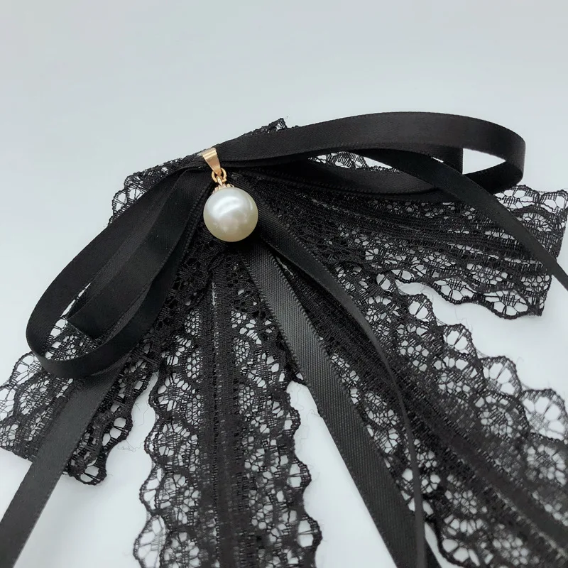 Women's Formal Dress White Shirt Collar Flower with Lace Ribbon Pearl Black Bow Tie - Bowtie Brooch Necktie Perfect Ladies Accessories image 5