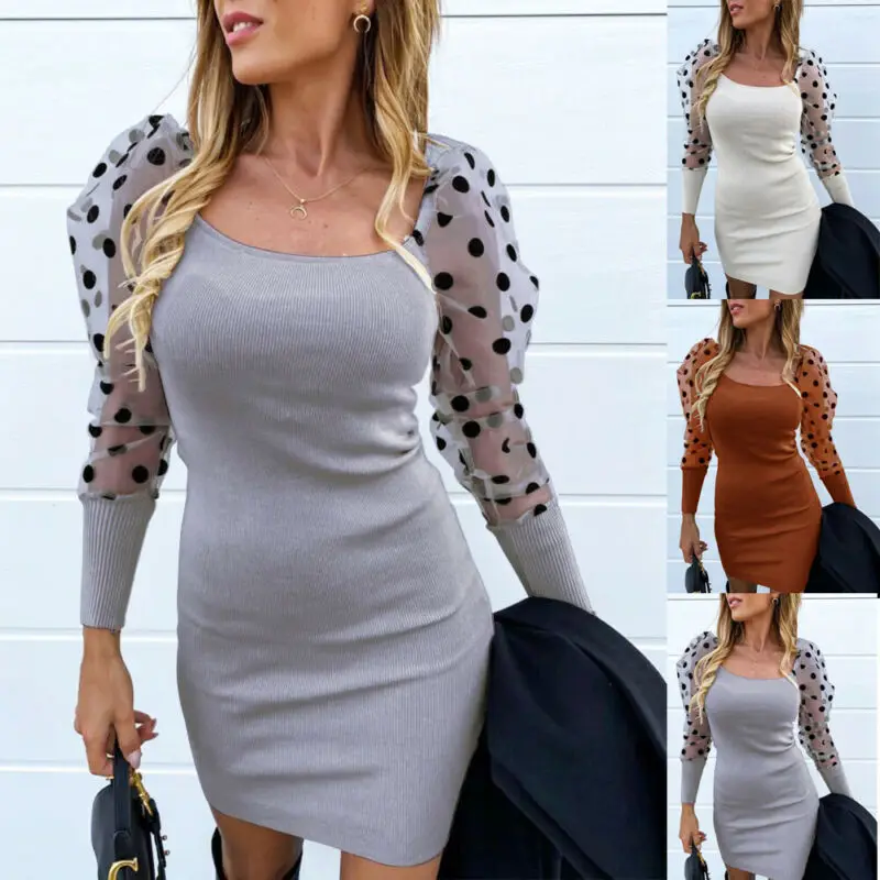 Женское трикотажное платье в горошек облегающее Сетчатое платье-мини с пышными