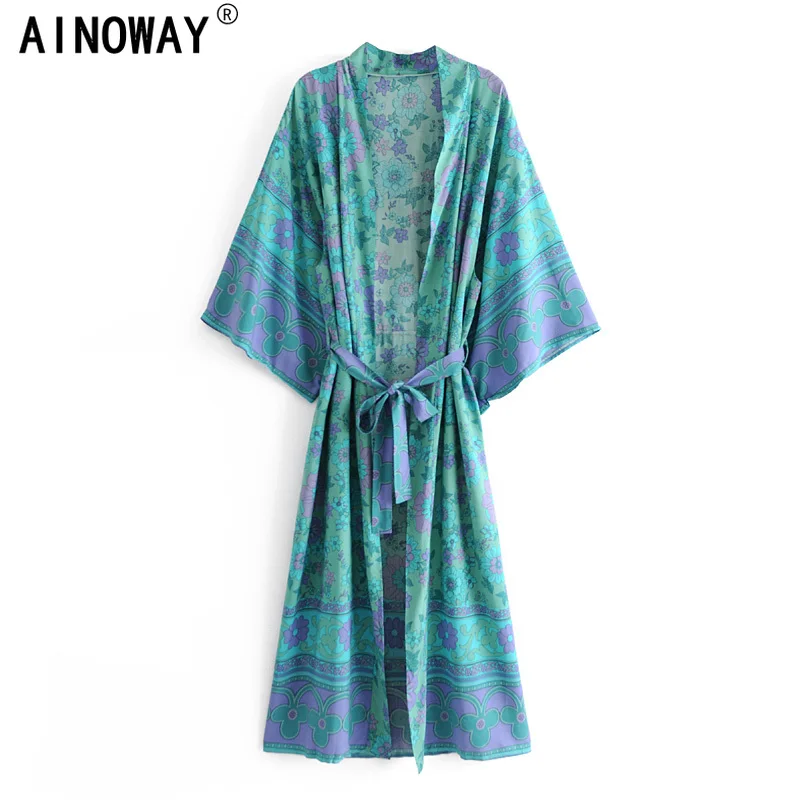 Женское винтажное платье-кимоно зеленое платье макси из искусственного шелка с