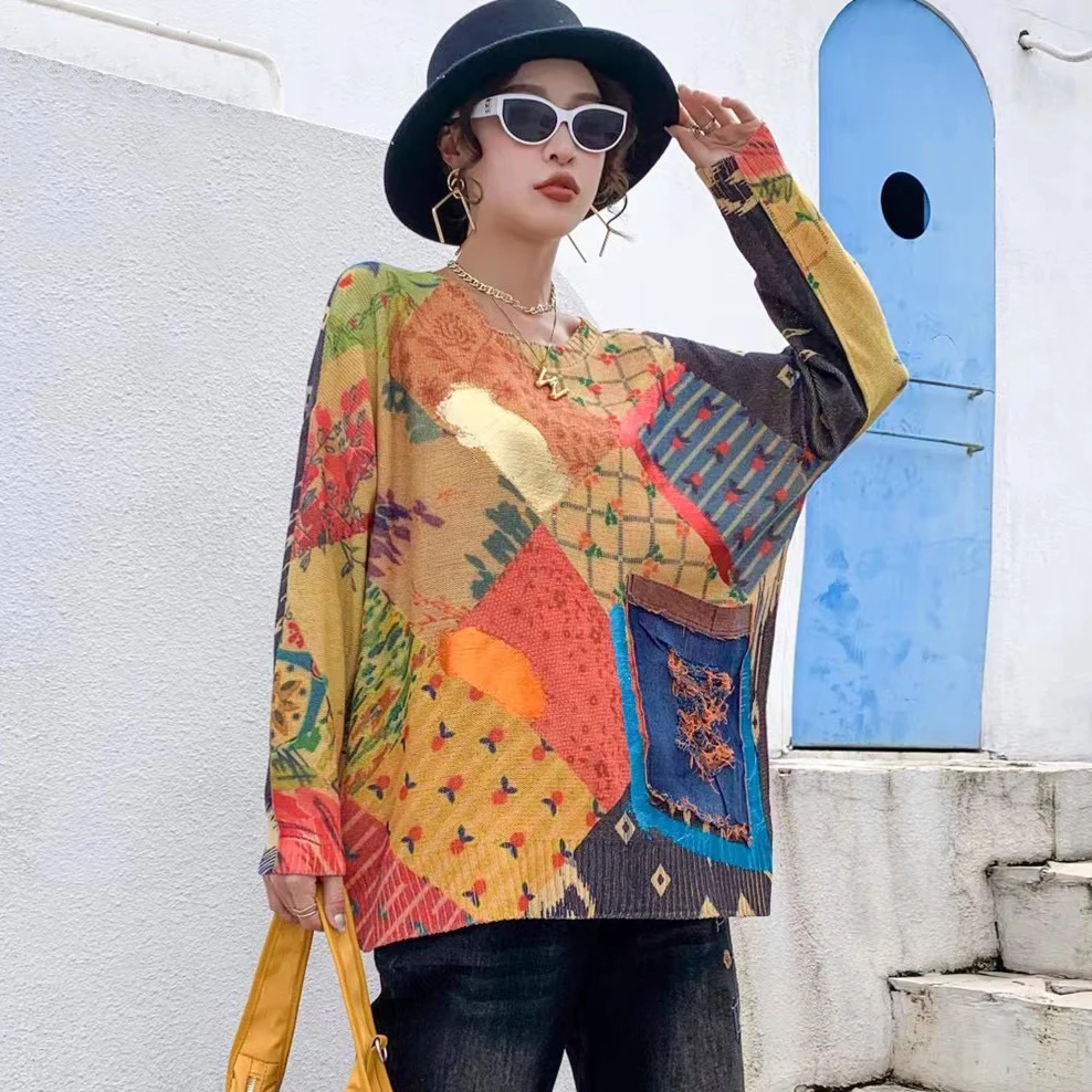 

Осенний вязаный пуловер в уличном стиле в стиле хип-хоп с геометрическим принтом и карманами, повседневный тонкий свитер, топ, 21821