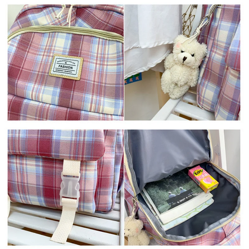 Large Pink Schoolbags for Girl Teens Fashion Patchwork Plaid Nylon Backpack Women Book Bags 2021 New |
