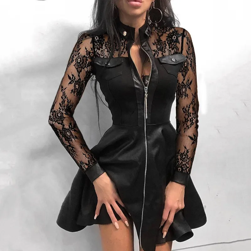 

Spring/Autumn Stitching PU Leather Waist Sexy Lace Perspective Special Jumpsuit Retro Plaid Zipper Mature Woman Mini Party Dress
