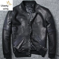 plus size high quality sheepskin genuine men slim black zipper real leather coat stand collar 5xl baseball jacket