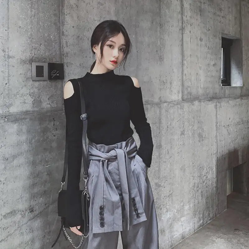

2021 Spring High Waist Lace Up Black Slim Temperament Tide Trend Fashion New Women's Wild Casual Wide Leg Pants LA462