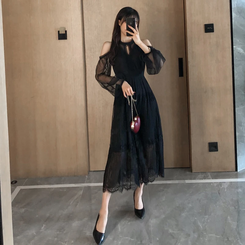 Женское платье с длинным рукавом кружевное v-образным вырезом интеллектуальное